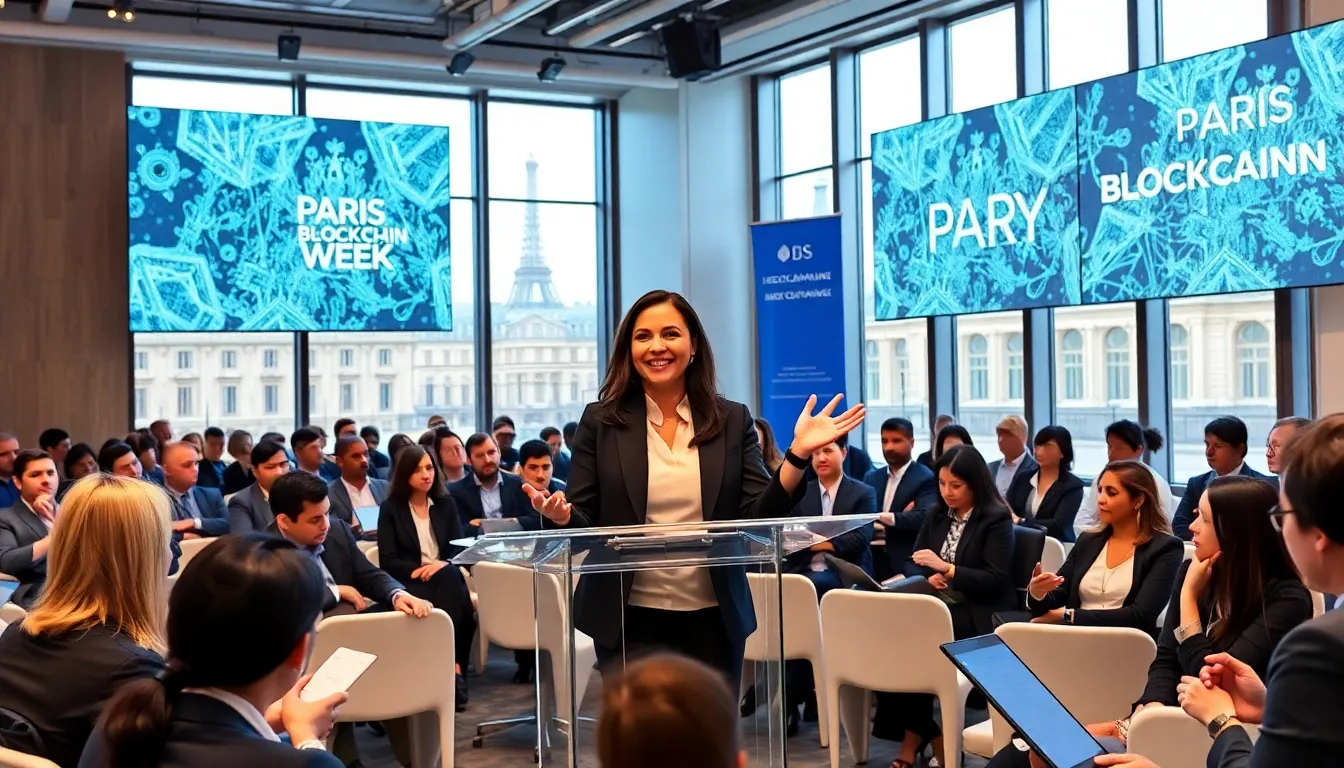 diverse professionals discussing blockchain technology at a conference.