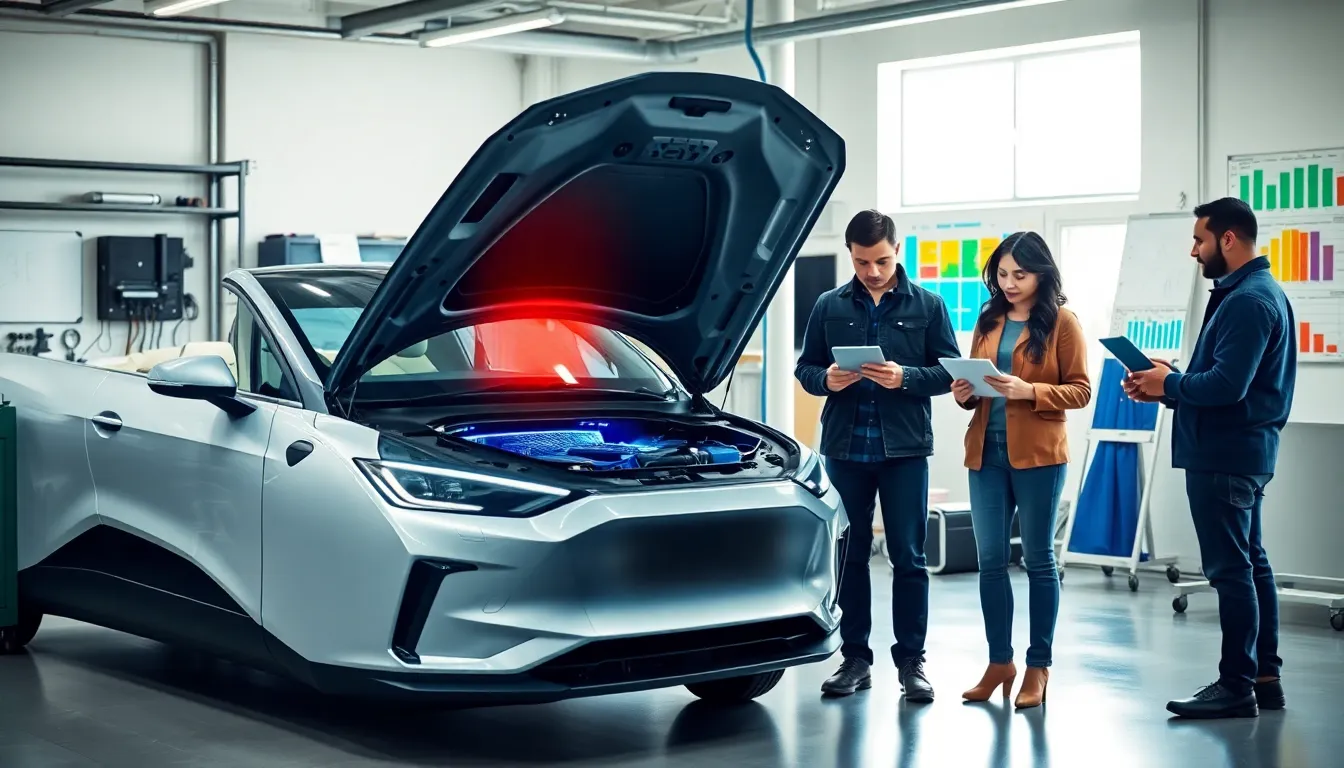 diverse engineers analyzing thermal management systems in an EV workshop.
