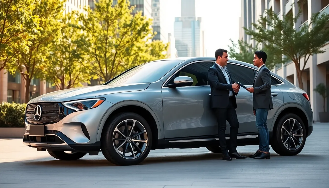 Mercedes-Benz EQS in an urban setting with professionals discussing electric mobility.