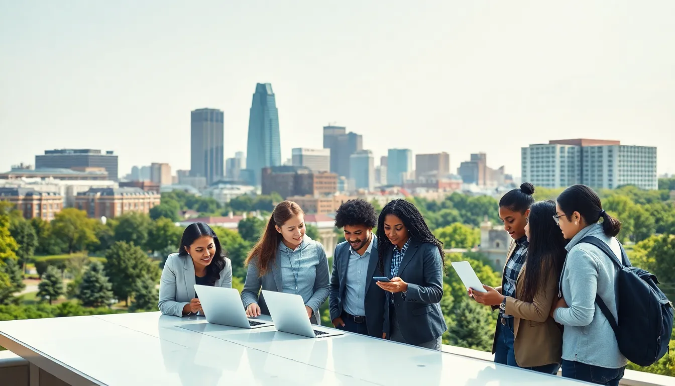 Georgia Tech campus with diverse students collaborating in a modern setting.