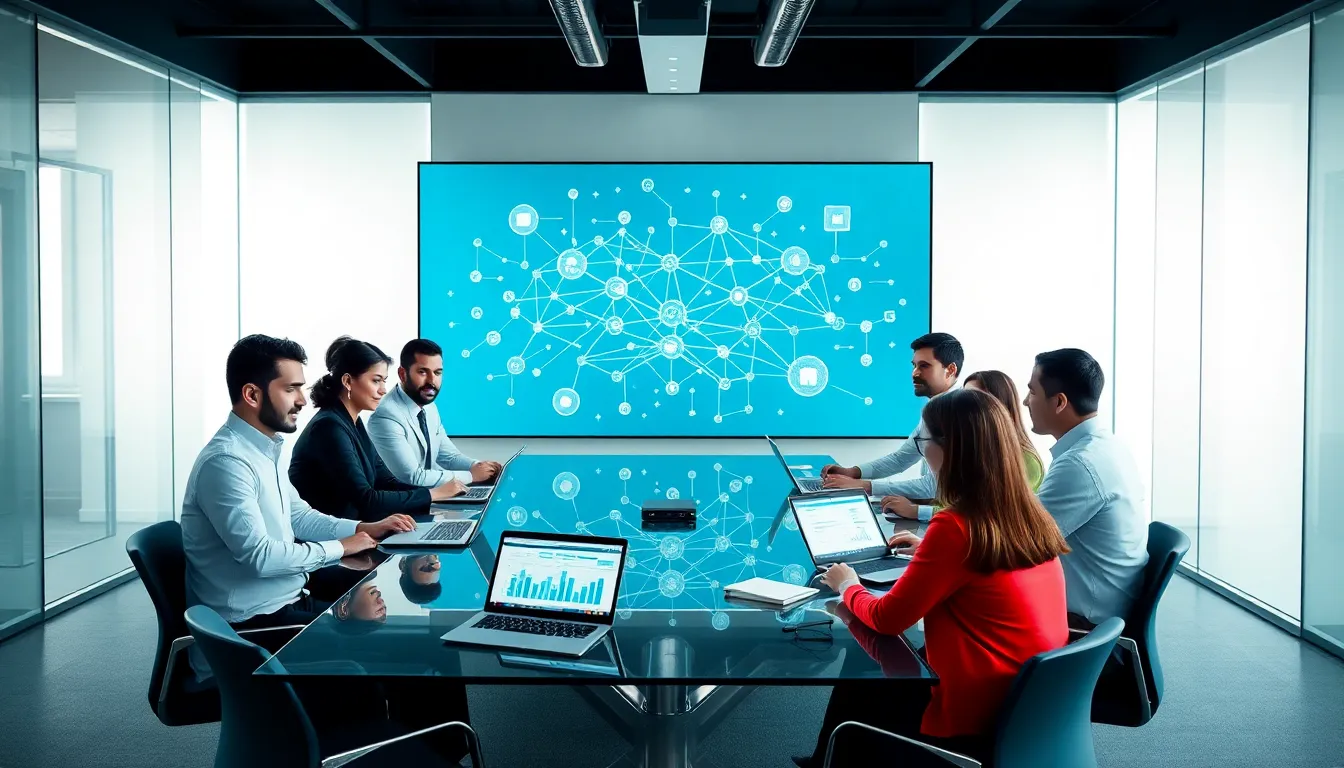 diverse team discussing blockchain technology in a modern office.