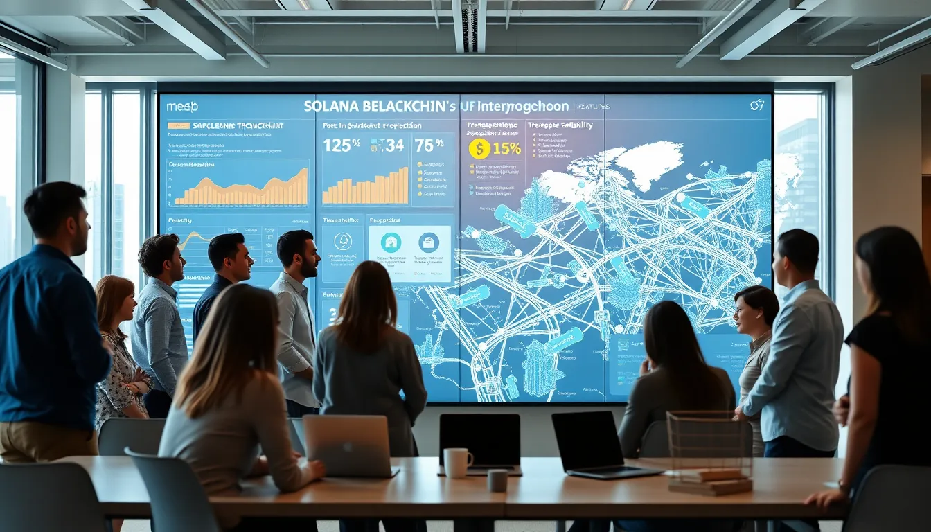 diverse team discussing Solana blockchain features in a modern office.