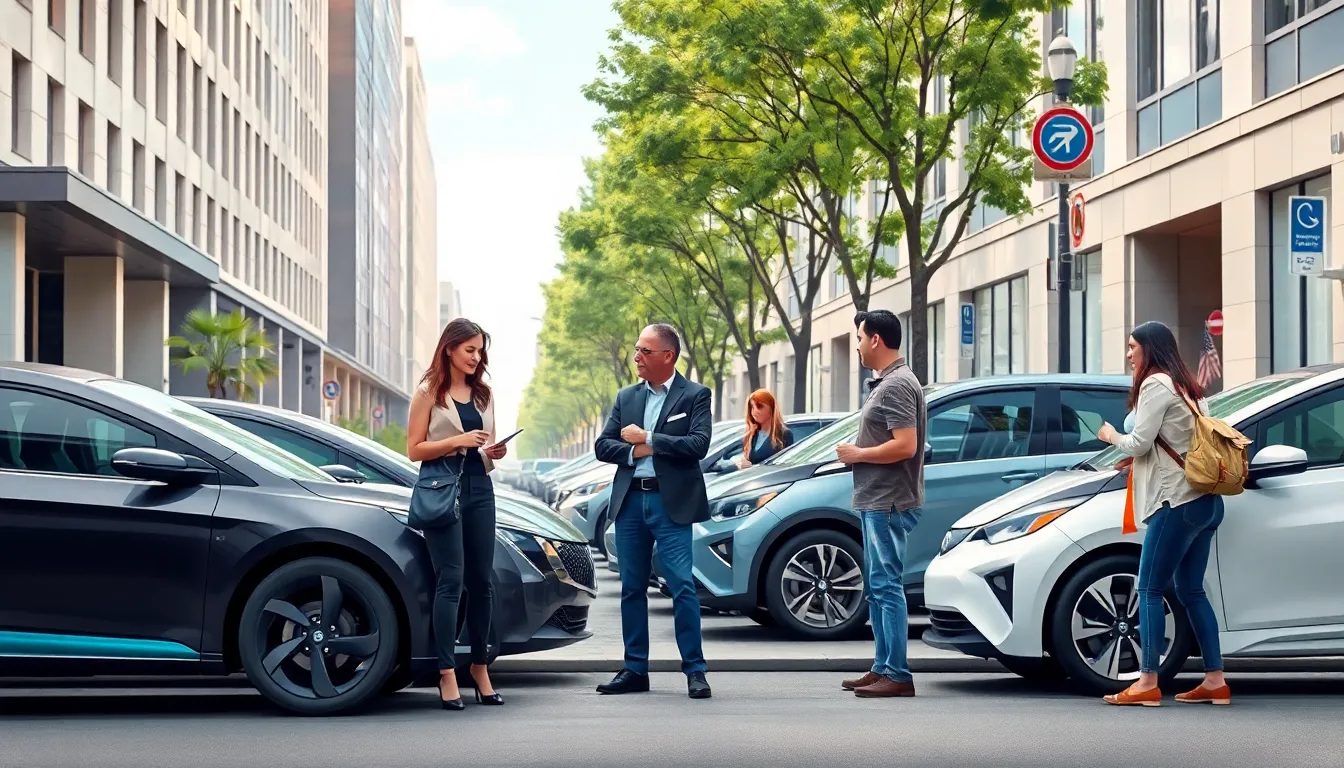 diverse group discussing street legal electric vehicles in a modern city.
