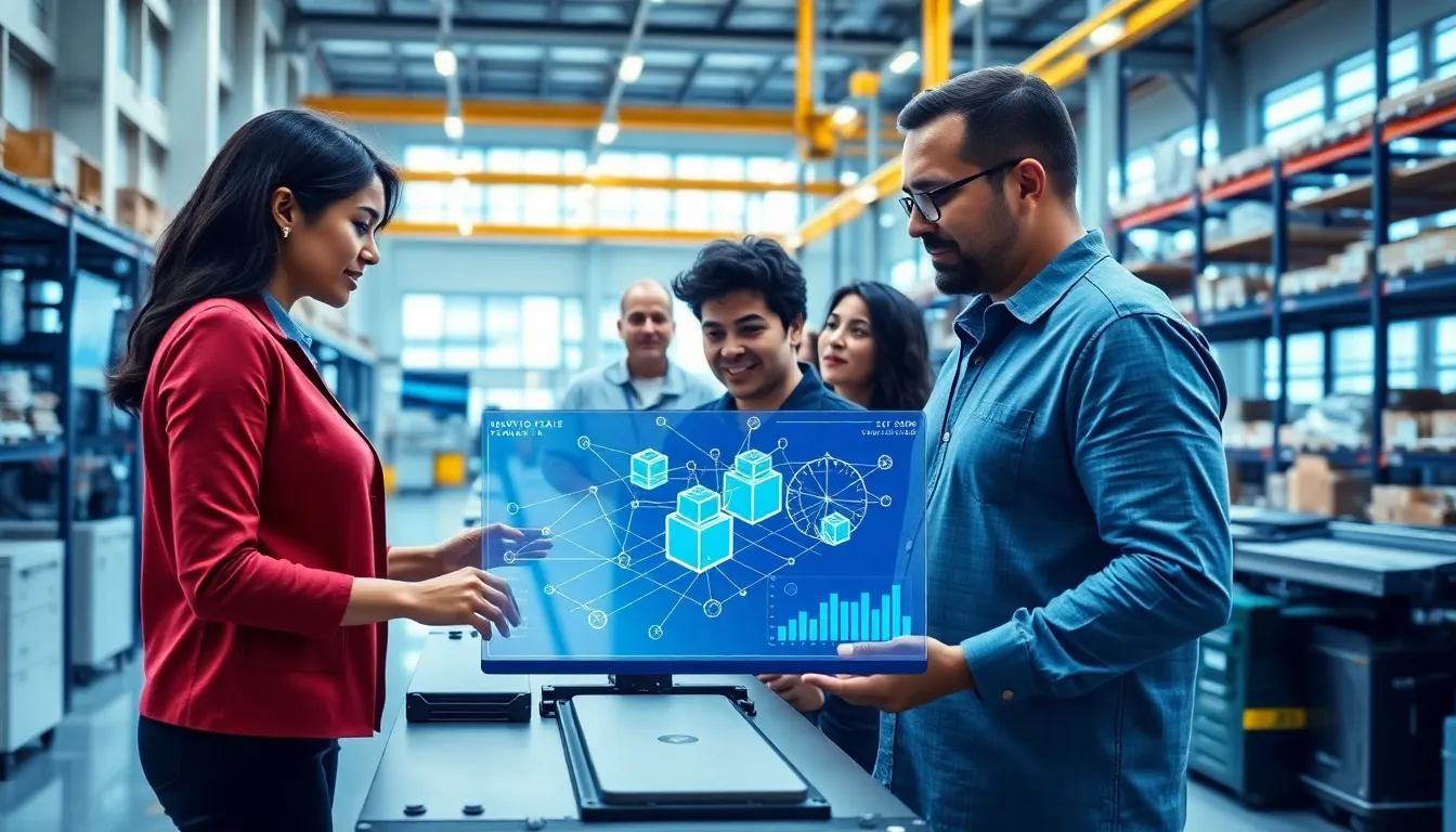 diverse team discussing blockchain technology in a modern manufacturing facility.