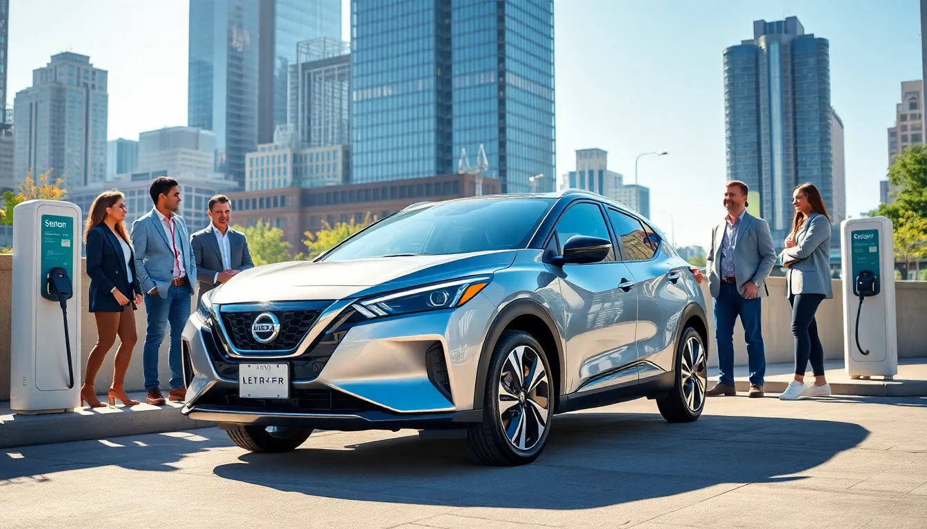Nissan Ariya in an urban setting with a diverse group discussing electric vehicles.