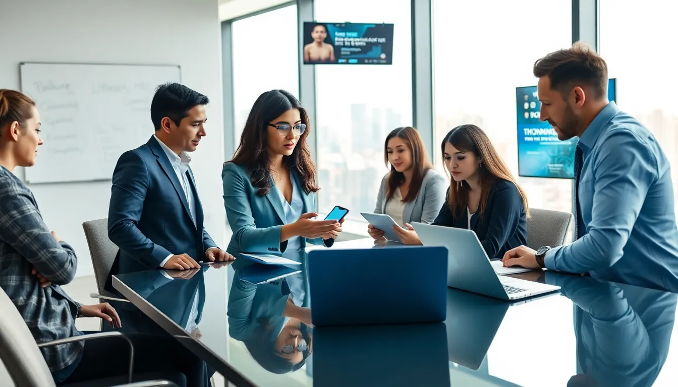 diverse team discussing new smartphone technology in a modern office.