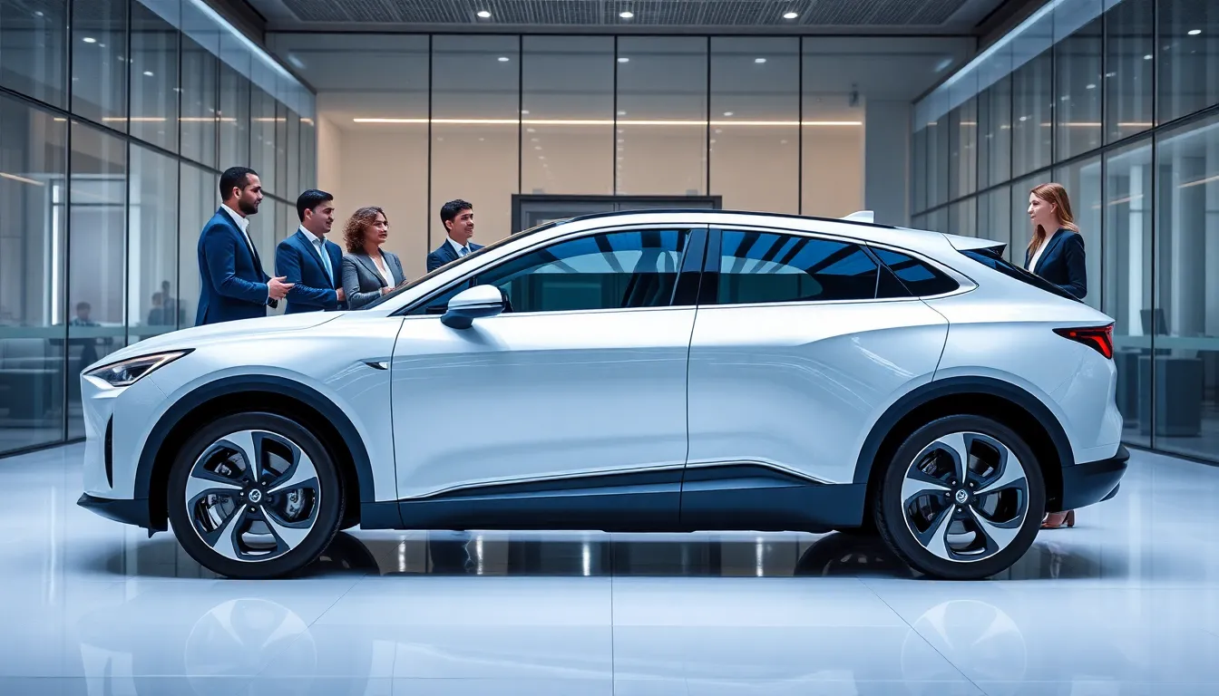 Nio electric vehicle in a modern showroom with diverse professionals.