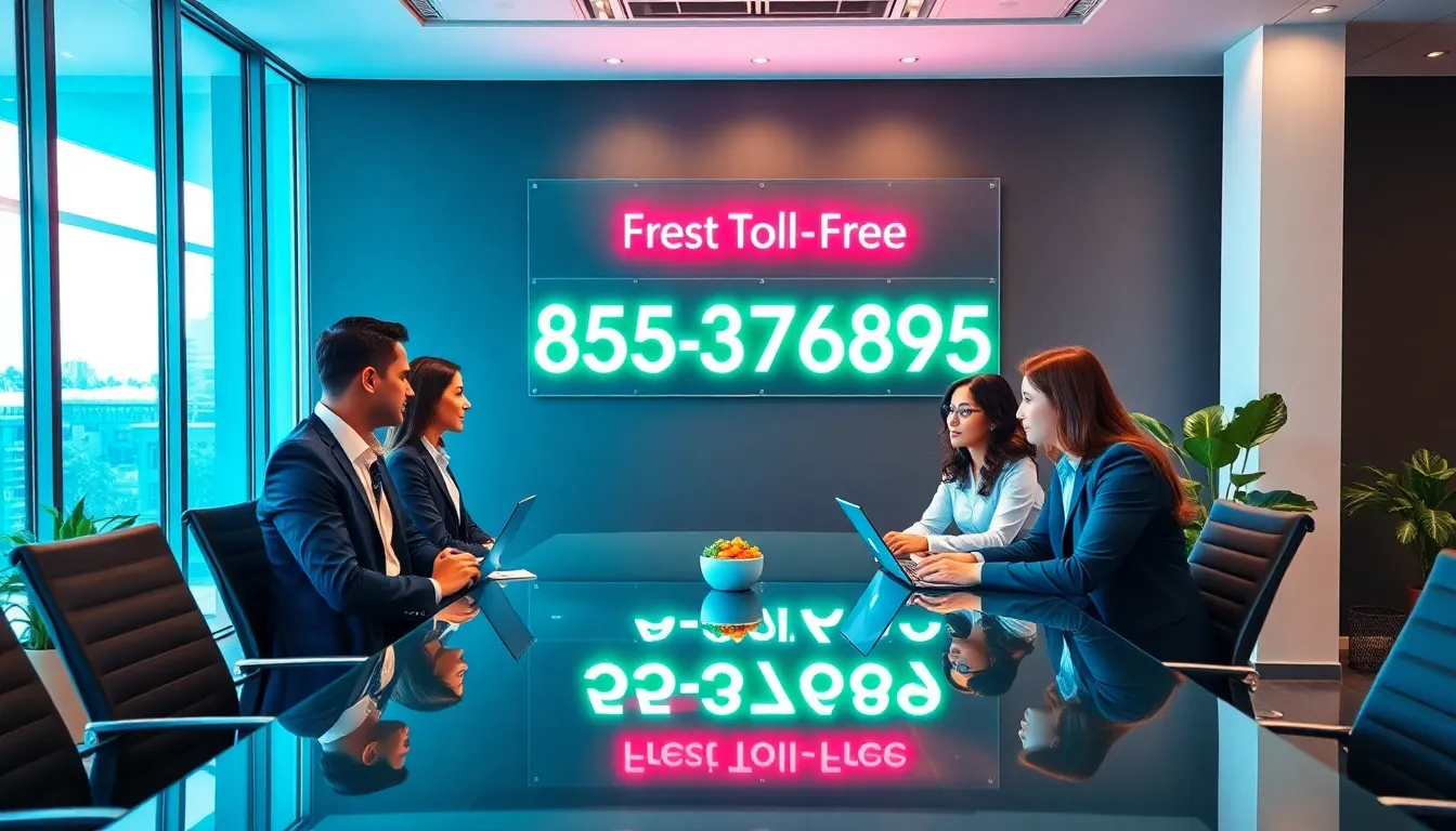 diverse team discussing in a modern office with toll-free number display.